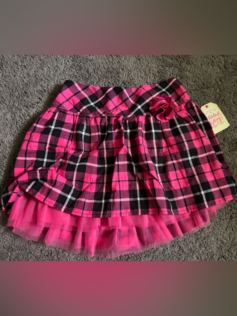 NWT Faded Glory Girls Pink Black Plaid Tutu Skirt M 7-8 Tulle Elastic Waist